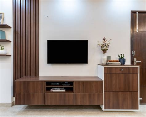 TV Cabinet With Wooden Planks For The Back Wall | Livspace