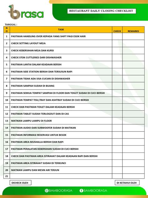 Form Daily Closing Checklist | PDF