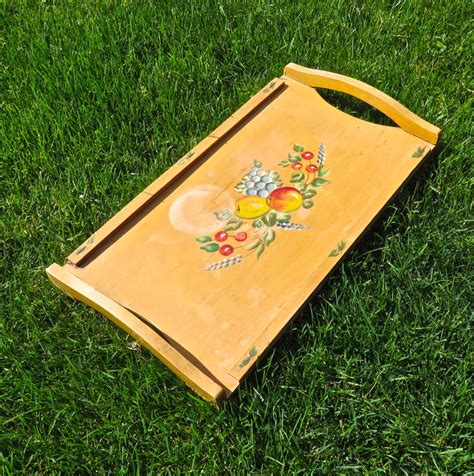 1950s Wood Serving Tray with Hand Painted Fruit Mid Century