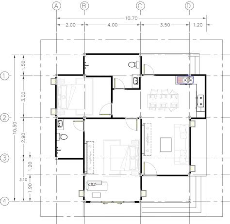 House Plans 10.7x10.5 with 2 Bedrooms Flat roof - House Plans 3D