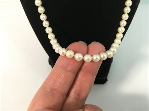 Vintage Pearl Necklace w/ 14K White Gold Clasp - 21 Long Mid century Necklace Off White 6 mm ...