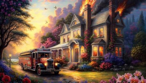 Premium AI Image | A painting of a fire engine in front of a house with a burning fire in the ...