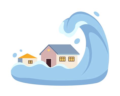 Tsunami flat concept vector spot illustration. Big wave cover town buildings. Catastrophic ocean ...