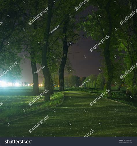 Path Through Park At Night With City Lights In Background Stock Photo ...