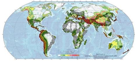 World map overlaying earthquake hazard (red is greatest hazard; white... | Download Scientific ...