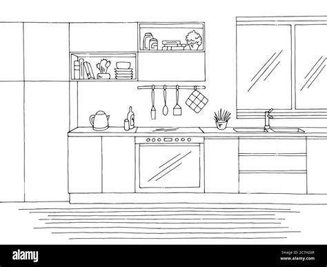 Kitchen room graphic black white home interior sketch illustration vector Stock Vector Image ...