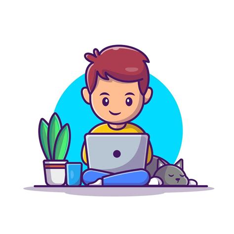 Male Working On Laptop With Cat Cartoon Vector Icon Illustration. People Technology Icon Concept ...