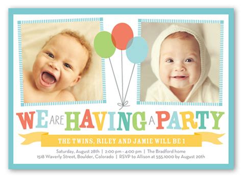 Bright Balloons Twin Birthday Invitation | Shutterfly