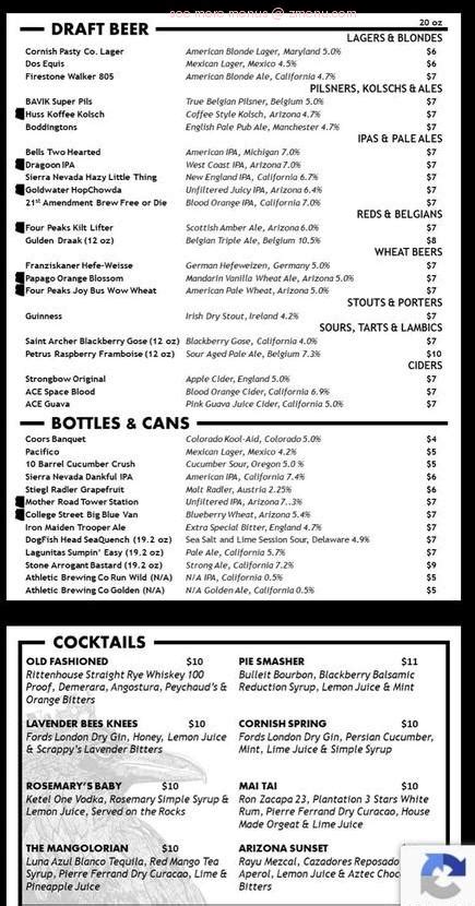 Menu at Cornish Pasty Co pub & bar, Phoenix