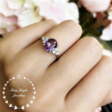 Alexandrite Ring, Oval Three Stone Style Alexandrite Engagement Ring, June Birthstone Promise ...