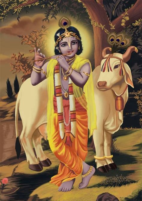 Krishna With Cow Hand-Painted Painting On Canvas Unframed