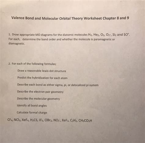 (Solved) - Valence Bond And Molecular Orbital Theory Worksheet Chapter 8 And9... (1 Answer ...