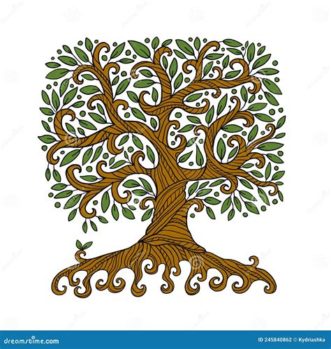 Old Big Family Tree with Roots. Isolated on White Background. Concept Art for Your Design ...