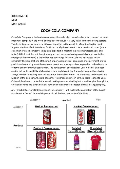 Ansoff matrix coca cola - Docsity