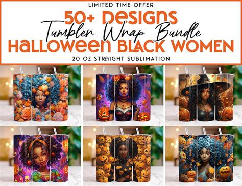 Halloween Black Women Tumbler Wrap Bundle African American Skinny 20 Oz Tumbler Sublimation ...