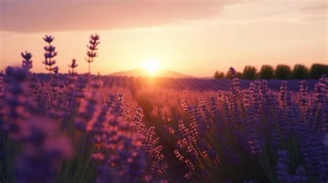 Premium AI Image | A field of lavender with the sun setting behind it