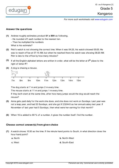 Grade 5 - Math Kangaroo | Preparation, Online Practice, Questions, Tests, Worksheets, Quizzes ...