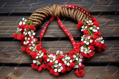 Premium Photo | Martisor symbols arranged in a wreath with greenery and flowers