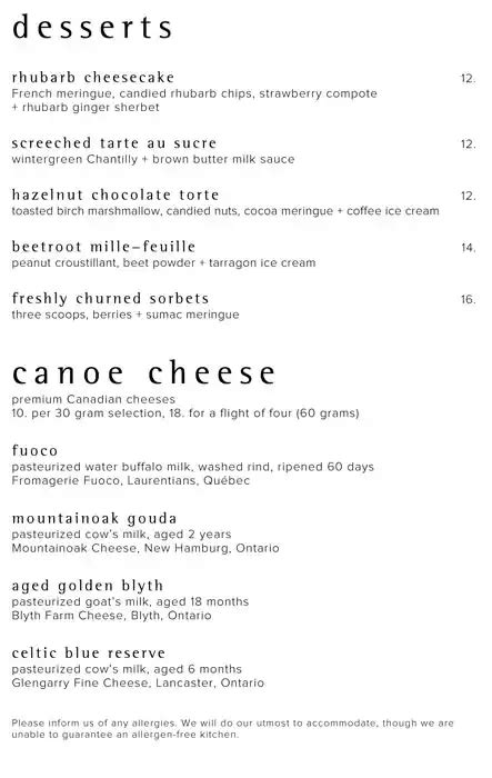 Menu at Canoe restaurant, Toronto