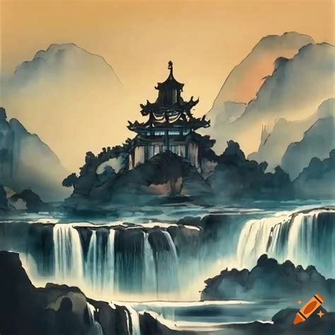 Traditional chinese ink painting of mountain landscape with temple and ...