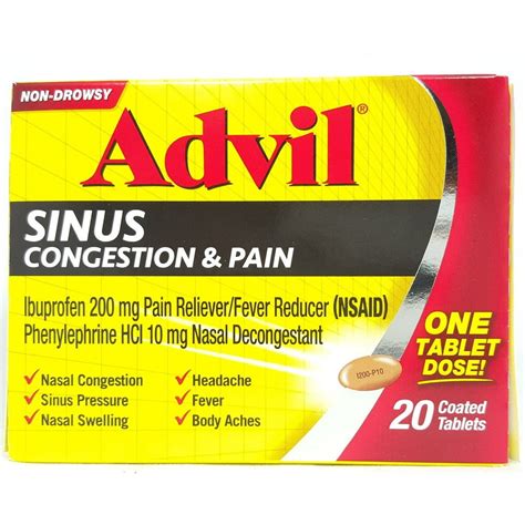 Advil Sinus Congestion & Pain, Coated Tablets 20 ea (Pack of 4 ...