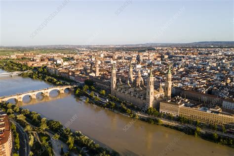 Aerial view of main cathedral in Zaragoza along river, Spain - Stock ...