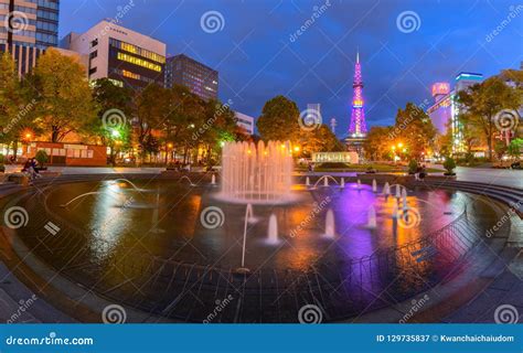 The Sapporo TV Tower Sapporo with Fountain on Night, Editorial Photography - Image of evening ...