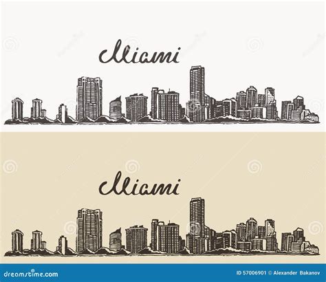 Miami Skyline Engraved Vector Hand Drawn Sketch Stock Vector - Image ...