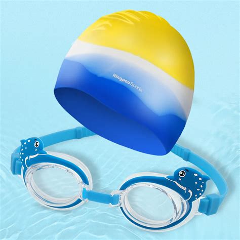 Kids swimming cap set swimming goggles suit silicone earplug waterproof swim bathing hat cap ...