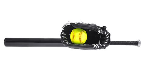 Yellow Softball In Glove With Bat On White Background Stock Photo ...