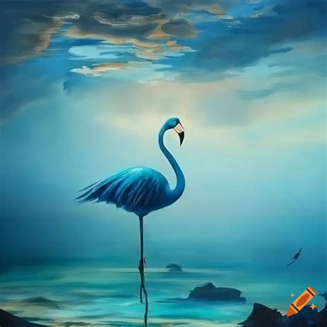 Painting of a blue flamingo with ocean backdrop on Craiyon