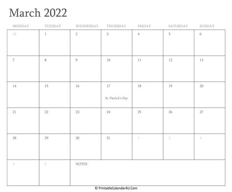 March 2022 Calendar Printable with Holidays