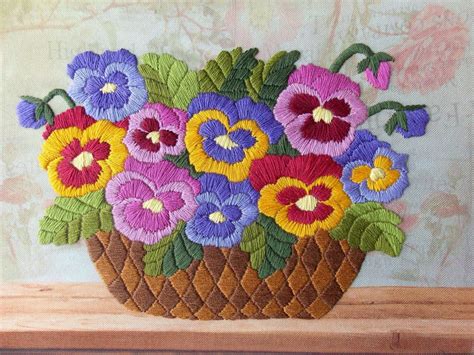 Embroidery kit, Basket with pansies, needlepoint kit, 17x21cm, long stitch embroidery, flowers ...