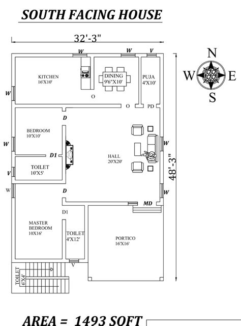 32'X48' Wonderful 2BHK South Facing House Plan As per vastu Shastra ...