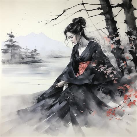 Premium AI Image | Contemporary Japanese Ink Wash Flower Painting