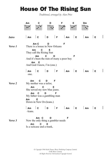 Download Guitar Chords/Lyrics sheet music to The House Of The Rising Sun by The Animals ...