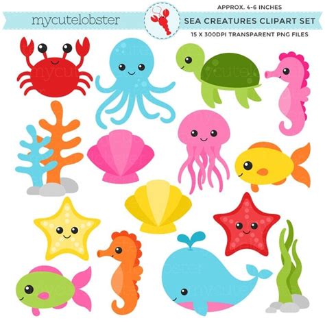 Sea Creatures Clipart Set sea animals by mycutelobsterdesigns