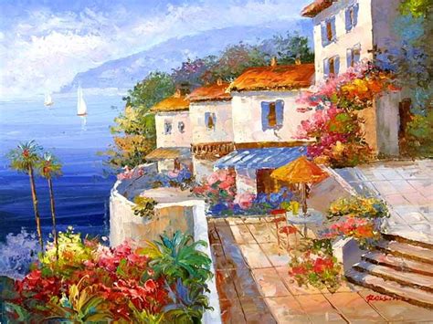 Mediterranean Impression | Mediterranean art, Flower art painting, Sea art painting