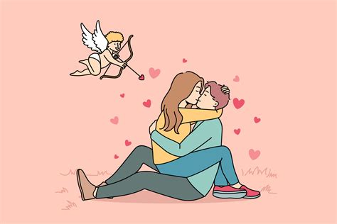 Cupid shooting with arrows in to happy couple kissing. Woman sitting on man hugging and cuddling ...