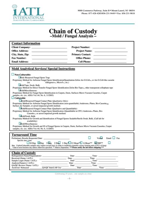 Fillable Chain Of Custody Form printable pdf download