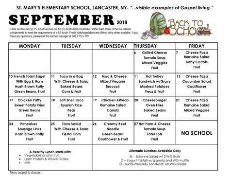 Lunch Menu | St. Mary's Elementary School - Lancaster, NY