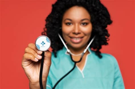 Premium PSD | Black nurse holding stethoscope mockup