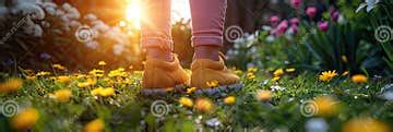 Barefoot Girl among Orange Flowers in a Meadow, Smiling Happily Stock ...