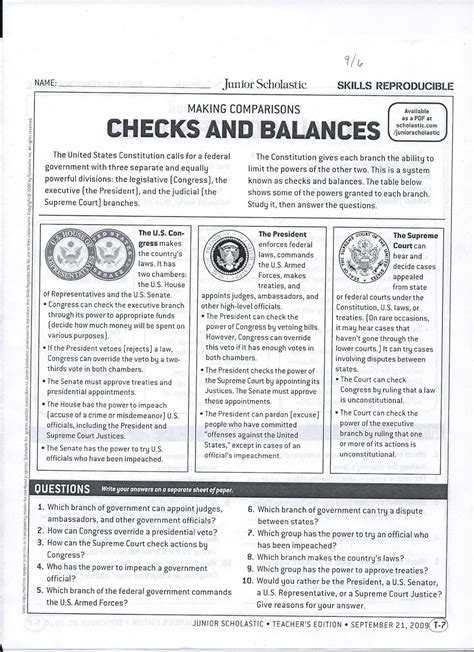 Checks And Balances Worksheet