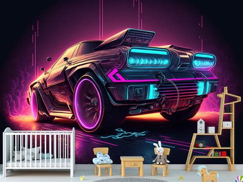 Cars Neon Cyberpunk Wall Art Mural & Wallpaper Futuristic Night City Neon Cyberpunk Peel and ...