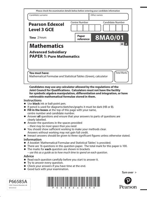 As Level Maths Edexcel NOV 21 Paper 1 QP | PDF | Mathematics ...