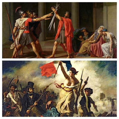 Two iconic French paintings from the Louve that contrast Neoclassicism (top: "Oath of Horatii ...