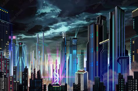 Illustration: Dismal Dark Futuristic City. Realistic Fantastic Cartoon Style Artwork Scene ...