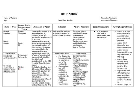 Losartan Drug Study - DRUG STUDY Name of Patient: Age: Number: Dosage ...