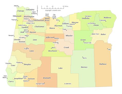 State of Oregon County Map with the County Seats - CCCarto